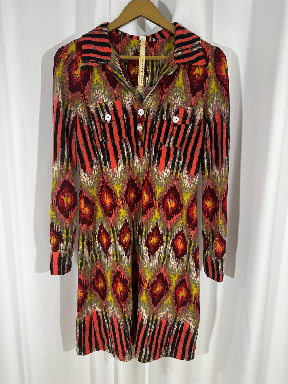 Uncle Frank Boho Ikat Print Tunic Dress Small Long Sleeve Collared Boutique